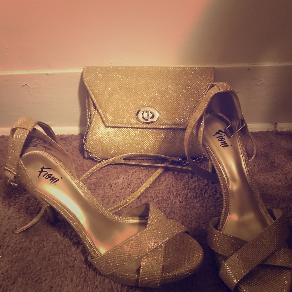 Gold glitter shoes and pocket book